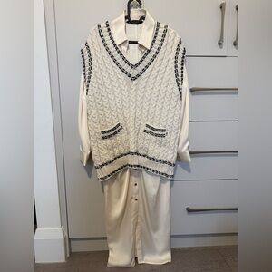 Cream Cable Knit V-Neck Sweater Vest with Black Trim
